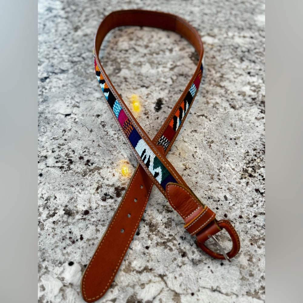 Source Unknown Brown Leather Belt with Multicolor Beaded Inlay